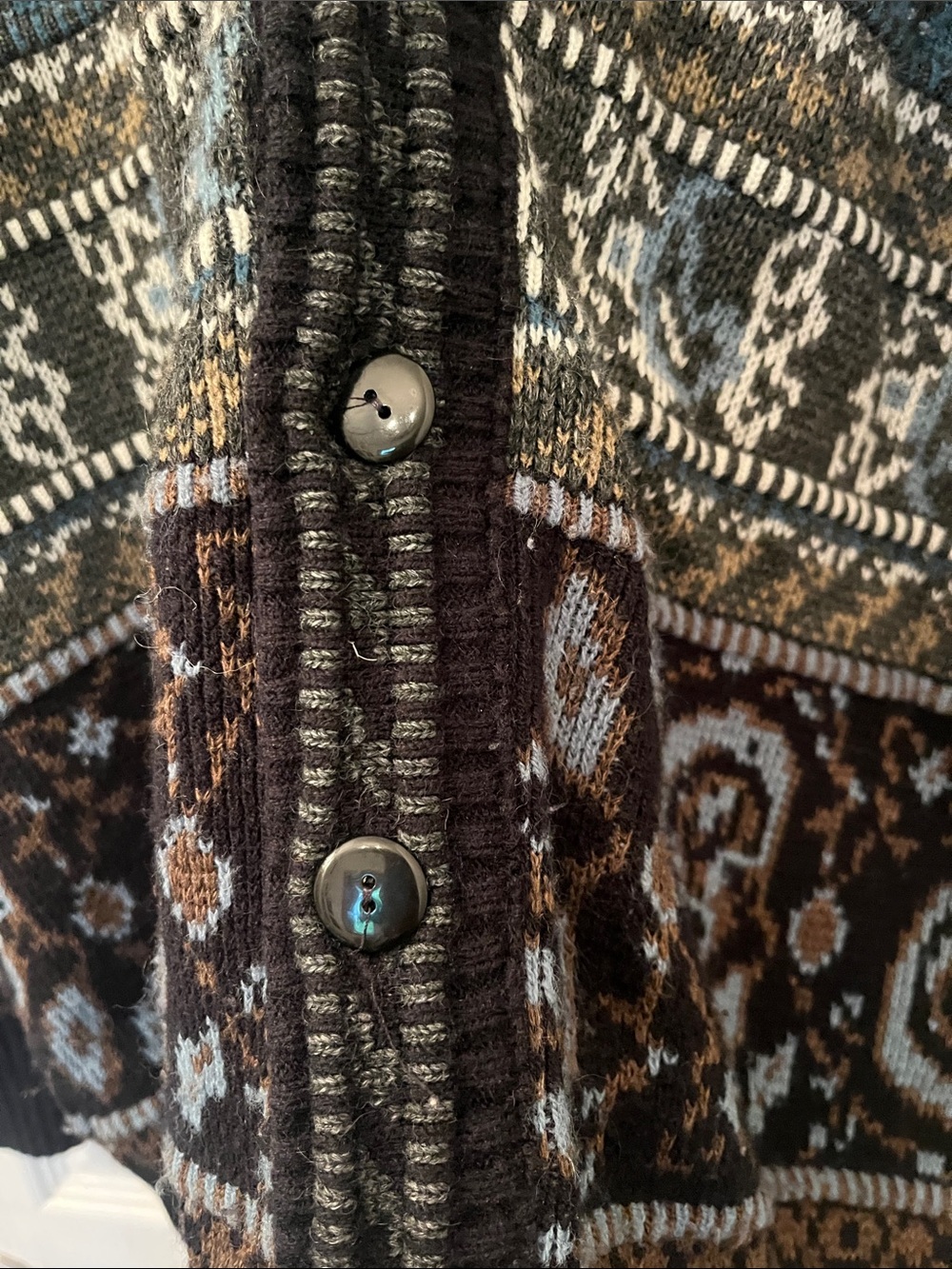 Shelby 80,s/90βs Blue and Brown Patterned Button-Front Cardigan-Made in π¨π¦ - Picture 3 of 5